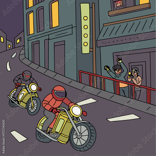 Two Motorcycle Riders Speeding Through a Night City Street