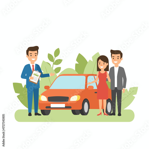 Illustration concept of a car dealership: a flat illustration set against a white background