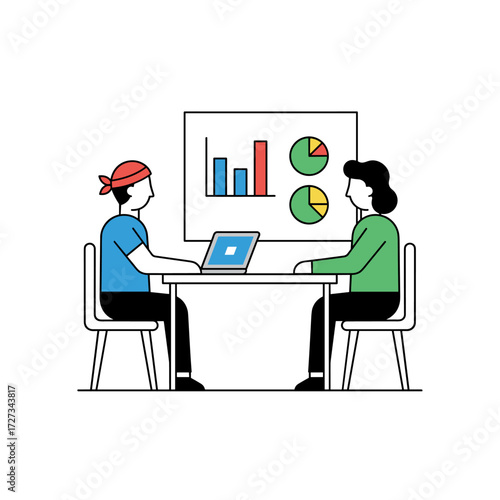 A vector illustration concept of a marketing team discussing strategy, presented as a flat design on a white background