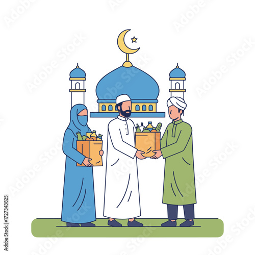 Illustration concept of a Muslim couple donating zakat on a white background