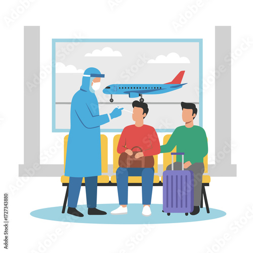 Illustration concept of testing for COVID at an airport, flat illustration isolated on a white background