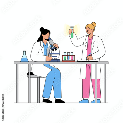 Two high school girls working in the laboratory mix the chemical fluid in the flasks