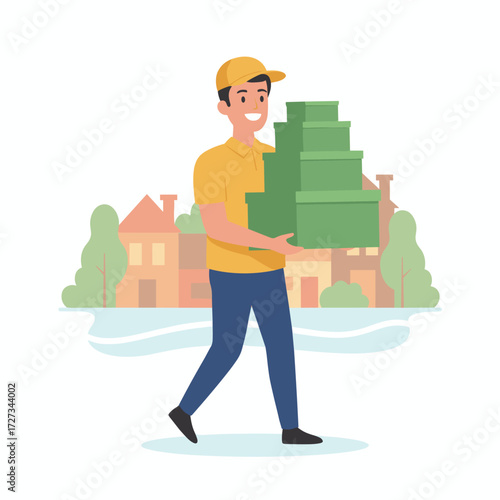 A cheerful shipper is delivering the gift box in a vector illustration concept