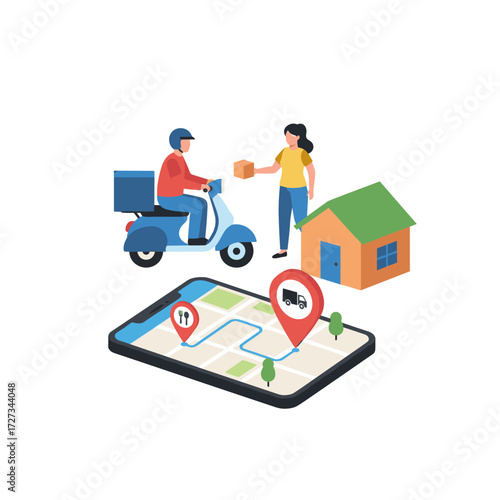 Vector illustration concept ready for pickup, delivered to the home shop by mobile motorcycle transport, with the flat illustration isolated on a white background