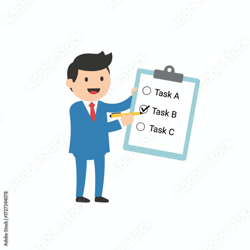 Checklist for a businessman character mark with a pen, 3 goal achievements, and a planning schedule concept