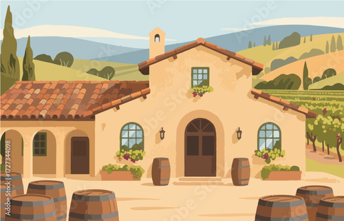 American style rural residential architecture and scenery, vector graphics
