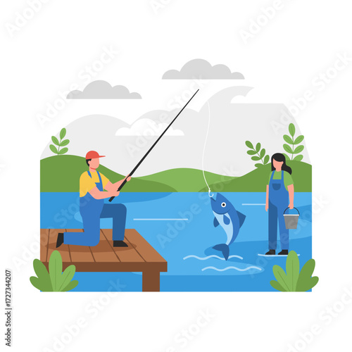 A couple heads out for a morning fishing excursion on a nearby lake