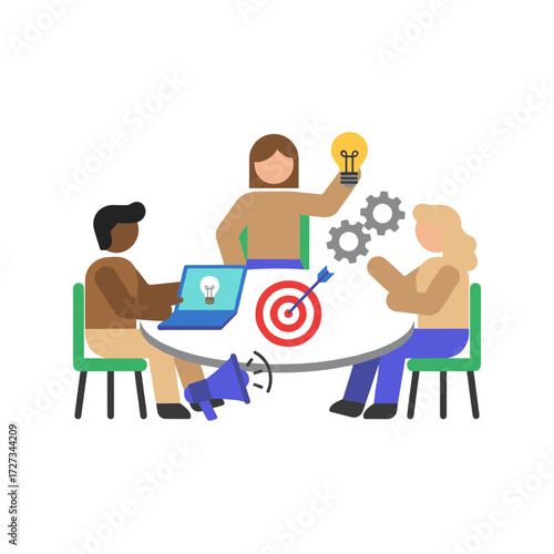 Illustration concept of business team management: a flat illustration set against a white background