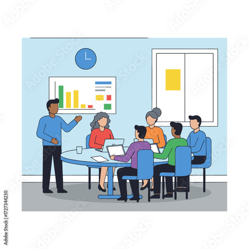 Welcome to the team! Two men shake hands and smile at each other while their coworkers sit in the business meeting