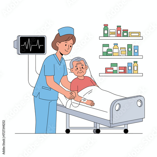 A nurse caring for an ill elderly woman who is lying in a hospital bed
