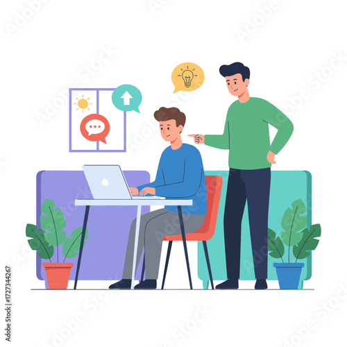 Illustration concept of a happy boss watching over an employee’s shoulder, flat style on a white background