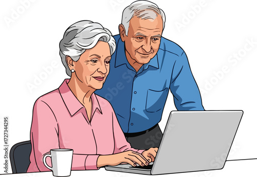 An old couple with laptop vector illustration