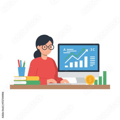 A flat illustration of a woman studying financial documents, set against a white background