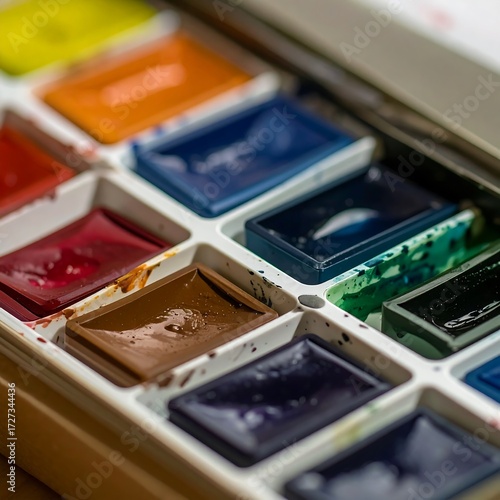 Watercolor paints in a palette