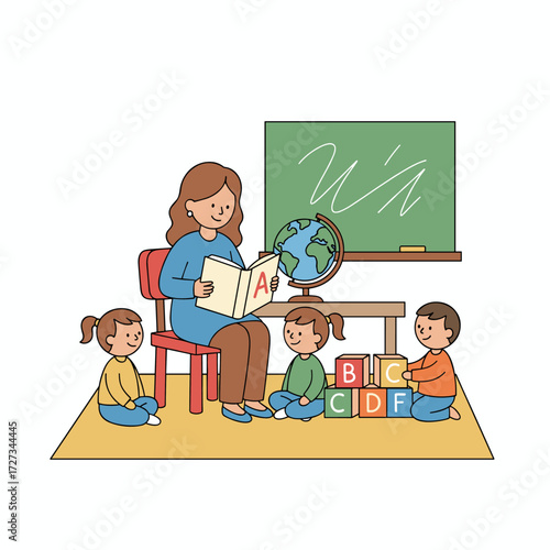 Vector illustration concept of a preschool teacher teaching alphabets to children, presented as a flat design isolated on a white background