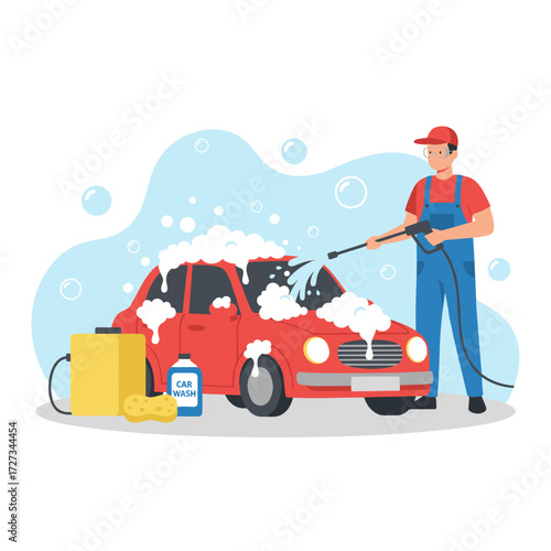 Illustration concept of a car wash service, presented as a flat illustration set against a white background