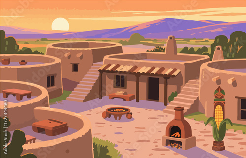 American style rural residential architecture and scenery, vector graphics