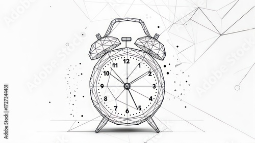 Abstract alarm clock, polygonal style, against a backdrop of interconnected lines and dots
