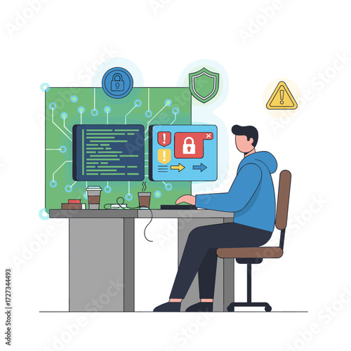 A flat vector illustration of a cyber security analyst character, suitable for web banners, infographics, and hero images, presented on a white background