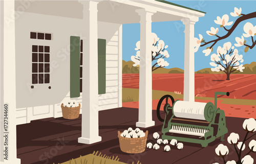 American style rural residential architecture and scenery, vector graphics