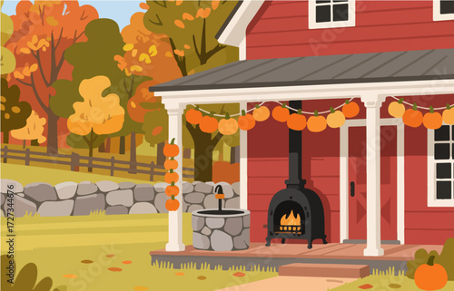 American style rural residential architecture and scenery, vector graphics