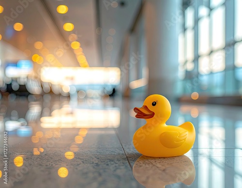 A bright yellow rubber duck sits alone on a polished floor in a modern building.