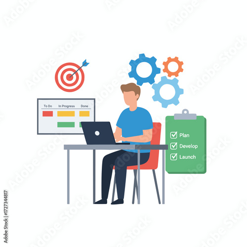 Illustration concept of a businessman analyzing data on a white background