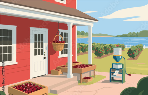 American style rural residential architecture and scenery, vector graphics