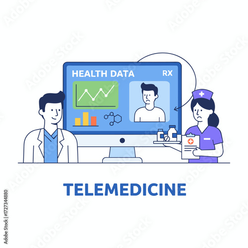 A patient consulting with a professional doctor via laptop online, suitable for web banners, infographics, and hero images, depicted in a modern flat-style vector illustration with color