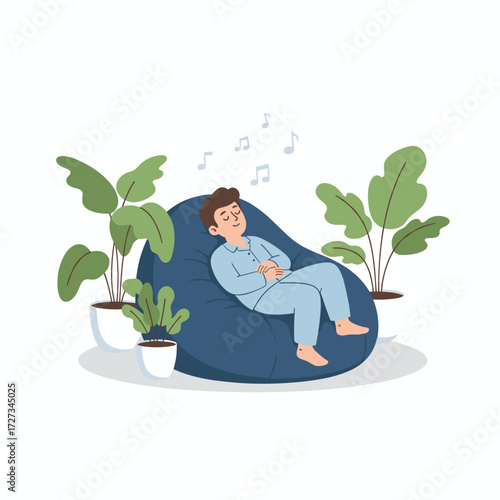 A woman asleep in bed, listening to music from a wireless speaker, depicted in a flat illustration on a white background