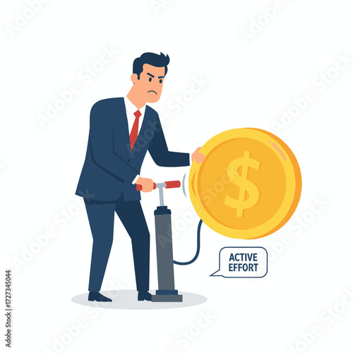 A businessman inflates a gold coin-shaped balloon