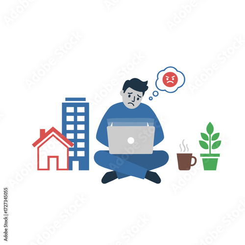 Illustration concept featuring a man perplexed by whether to choose a house or an apartment, presented as a flat illustration on a white background