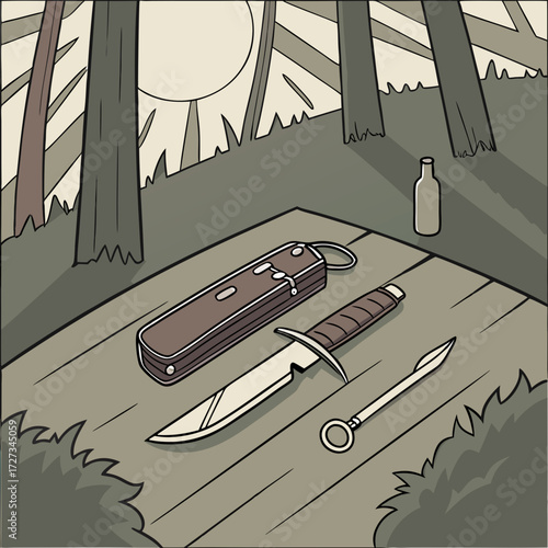Vintage Knives and Bottle in Sunny Forest Setting
