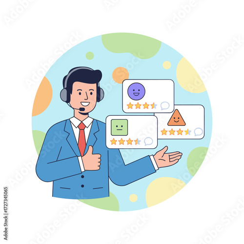 The man listens to customer feedback through headphones