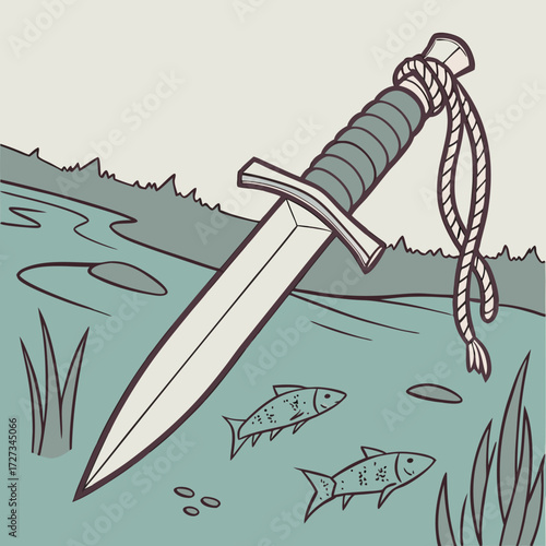 Vintage Illustration of Dagger Submerged in Teal River with Fish