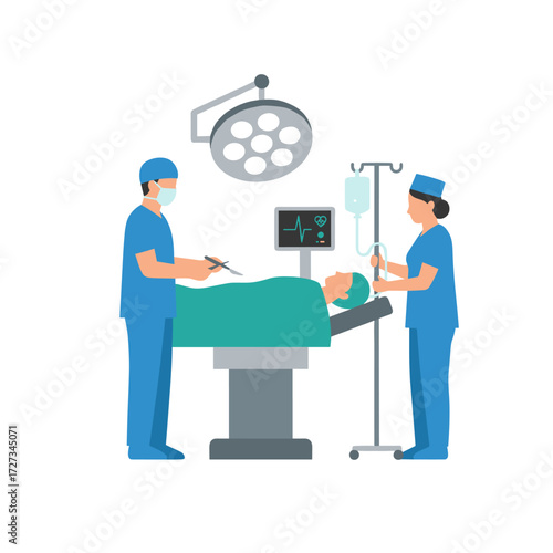 A plastic surgeon performs surgery on a patient with an assistant in a dimly lit operating room filled with medical equipment