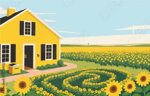 American style rural residential architecture and scenery, vector graphics