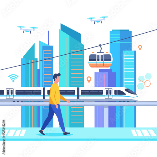 Illustration of a Smart City concept featuring character, suitable for web banners, infographics, and hero images, presented as a flat vector on a white background