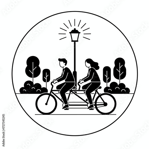 A man and a woman ride a tandem bicycle in a park, depicted as a flat vector illustration on a white background