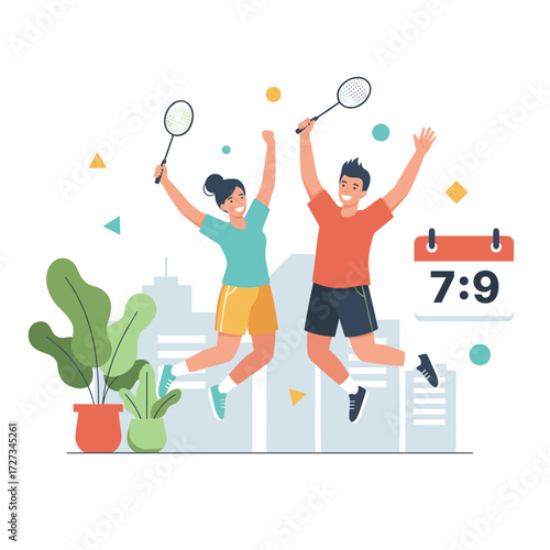 Illustration concept of a couple playing badminton on a white background