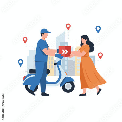 Delivery men are carrying the boxes up the stairs to deliver them to the customer, illustrated in flat design