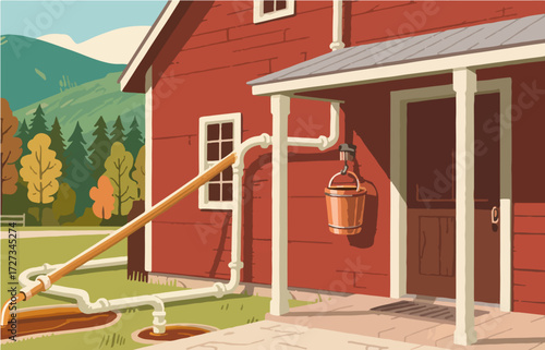 American style rural residential architecture and scenery, vector graphics