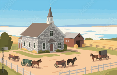 American style rural residential architecture and scenery, vector graphics