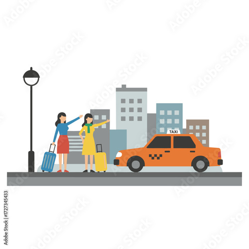 Women are dragging their luggage while standing near the car with a smartphone