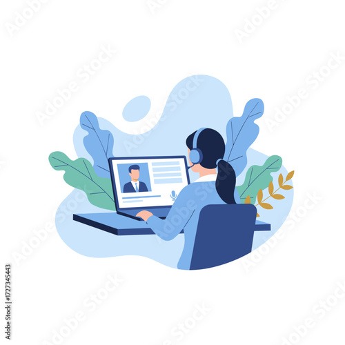 A flat vector illustration of a character for an online interview concept, suitable for web banners, mobile apps, and hero images on a white background