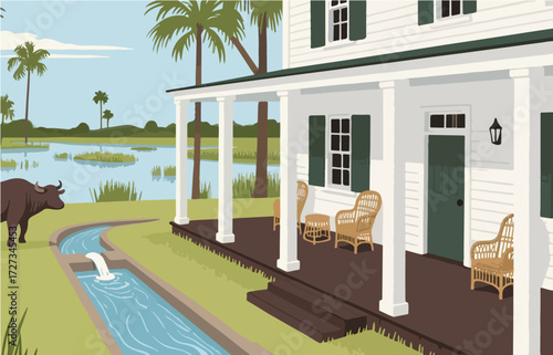 American style rural residential architecture and scenery, vector graphics