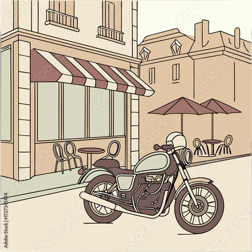 Vintage Motorcycle Parked Outside a Parisian Cafe