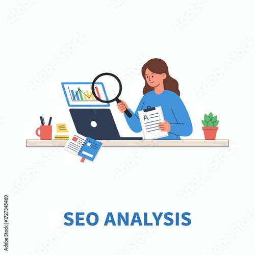 A character-driven SEO analysis concept suitable for web banners, infographics, and hero images, presented as a flat vector illustration on a white background