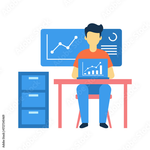 Illustration concept of a businessman using a laptop, presented as a flat design on a white background