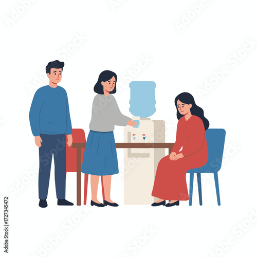 Employees in the office chat about the company